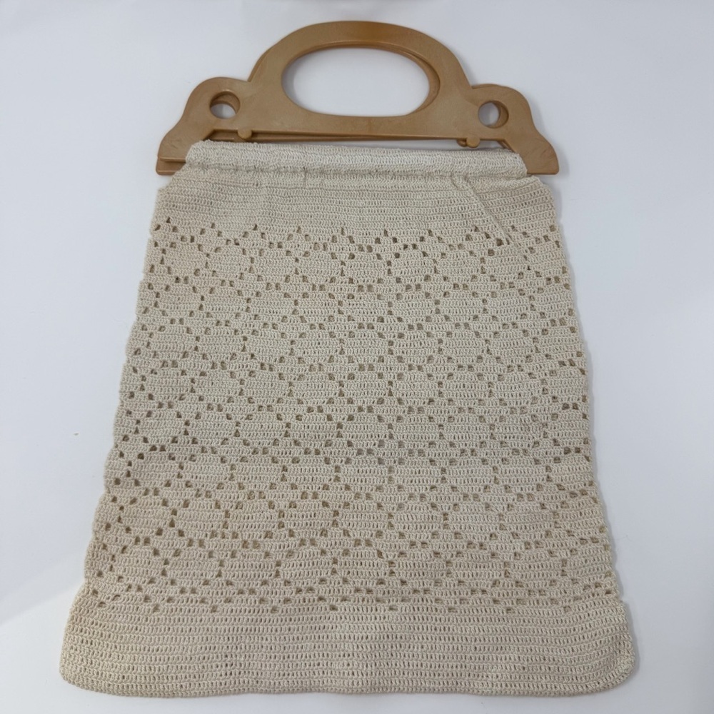 Vintage Crochet Knit Handbag Top Handle Boho Cottagecore Market Tote Neutral